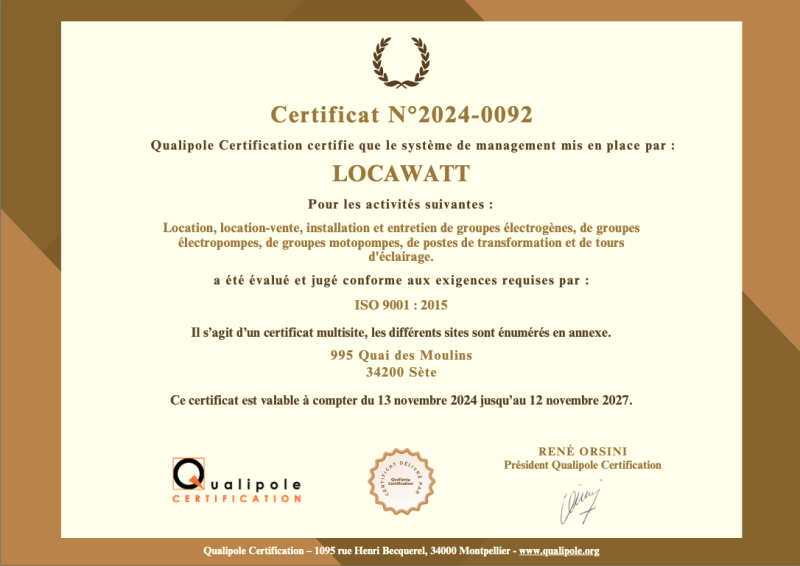Certificat ISO 9001 2015 LOCAWATT OCcitanie AUVERGNE Rhône-Alpes