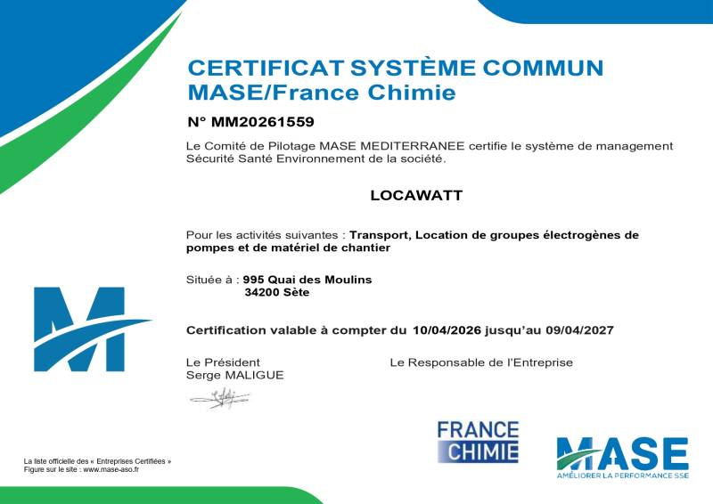 LOCAWATT Certificat MASE Qualité Sécurité Sète Languedoc-Roussillon Occitanie 2026