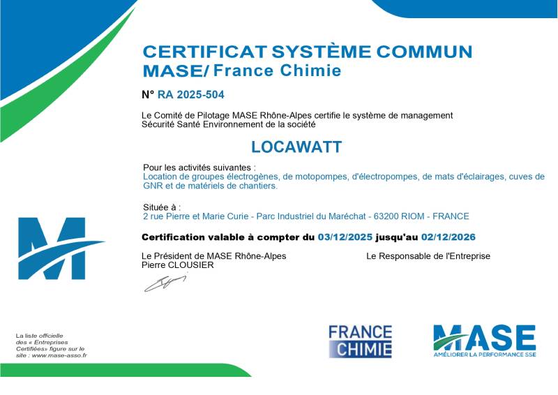 LOCAWATT Certificat MASE Qualité Sécurité 2025 RIOM Puy-de-Dôme Auvergne Rhône-Alpes