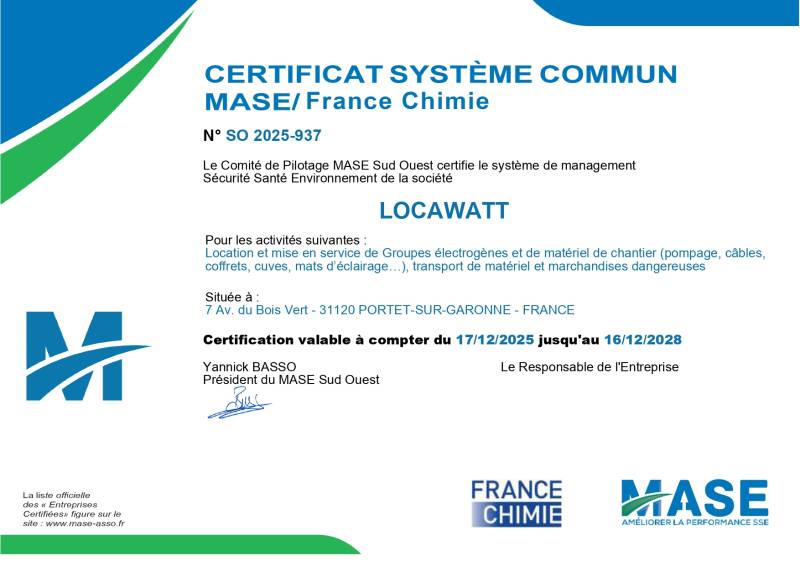 Certificat triennal Locawatt MASE Portet-sur-Garonne Midi-Pyrénées Occitanie
